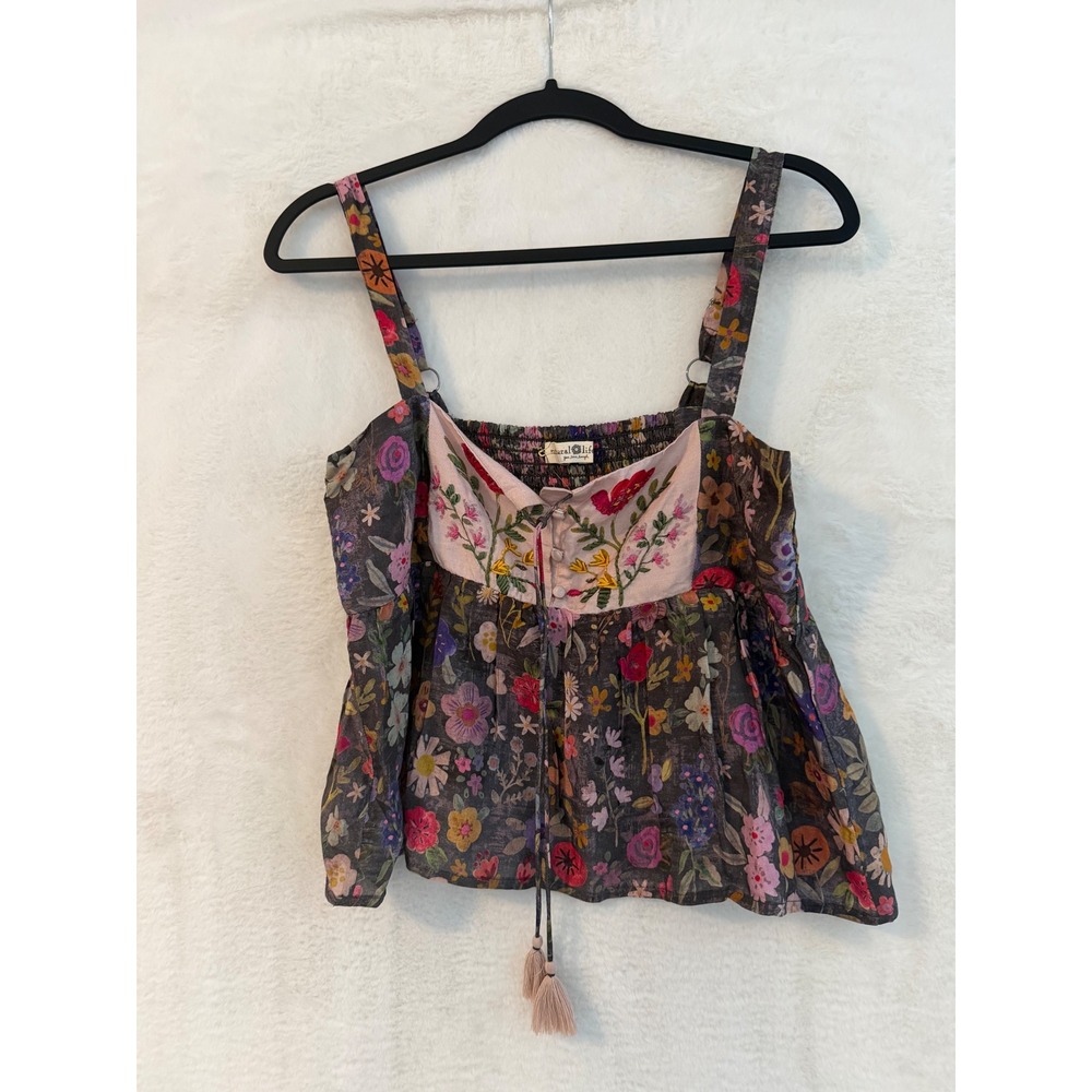 Natural Life Floral Embroidered Cami Top Womens Small Boho Tassel Smocked Grey